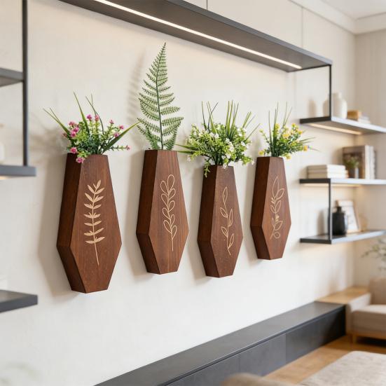 4Pcs Wooden Wall Mount Vase Farmhouse Rustic Home Office Living Room Wall Hanging Artificial Plants Holder Dried Flower Vase Decoration