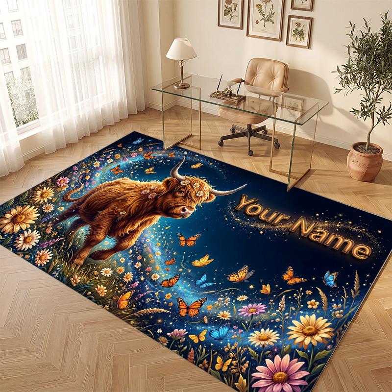 Highland Cow Theme Soft Crystal Velvet Rug Custom Name & Text Print Non Slip Floor Rug for Bedroom Living Room