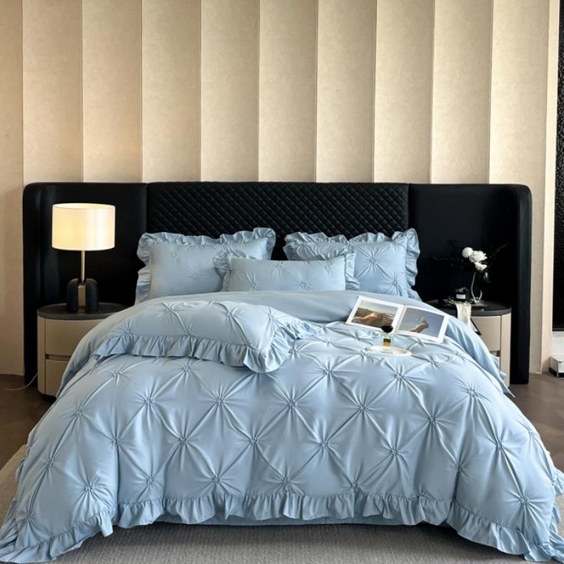 

new solid color princess wind-washed cotton skin-friendly cotton twist lace craftsmanship beautiful series four-piece set 1.8m sheet 4pcs синій