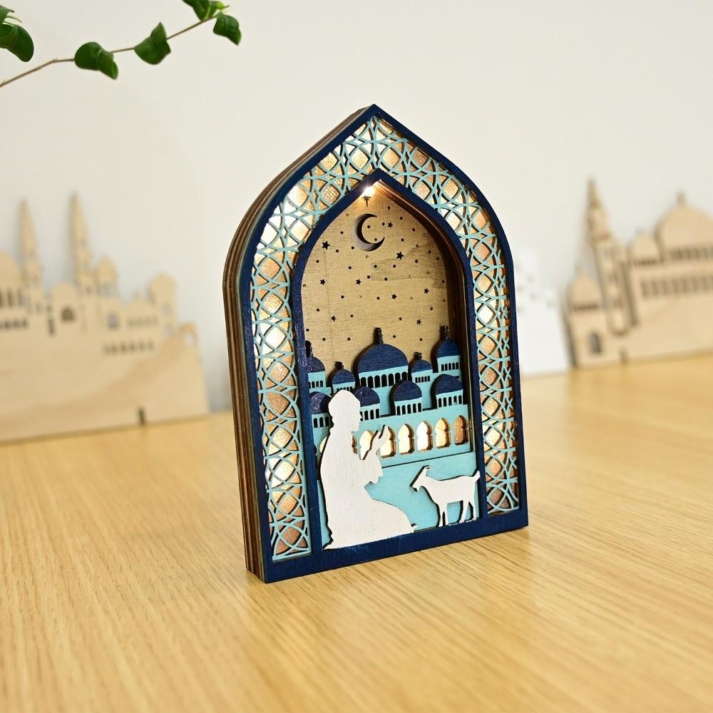 Creative Eid Desktop Ornament Moon LED Night Light Ornament Carved House-shaped Design Crafts Eid Wooden Decoration