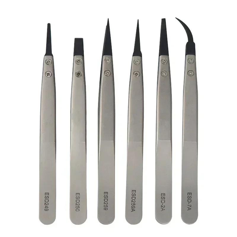 6PCS Watch Hands Installation Work Tweezers Straight Elbow Handle Stainless Antistatic Plastic Tweezers ESD-259 ESD-259A ESD-7A