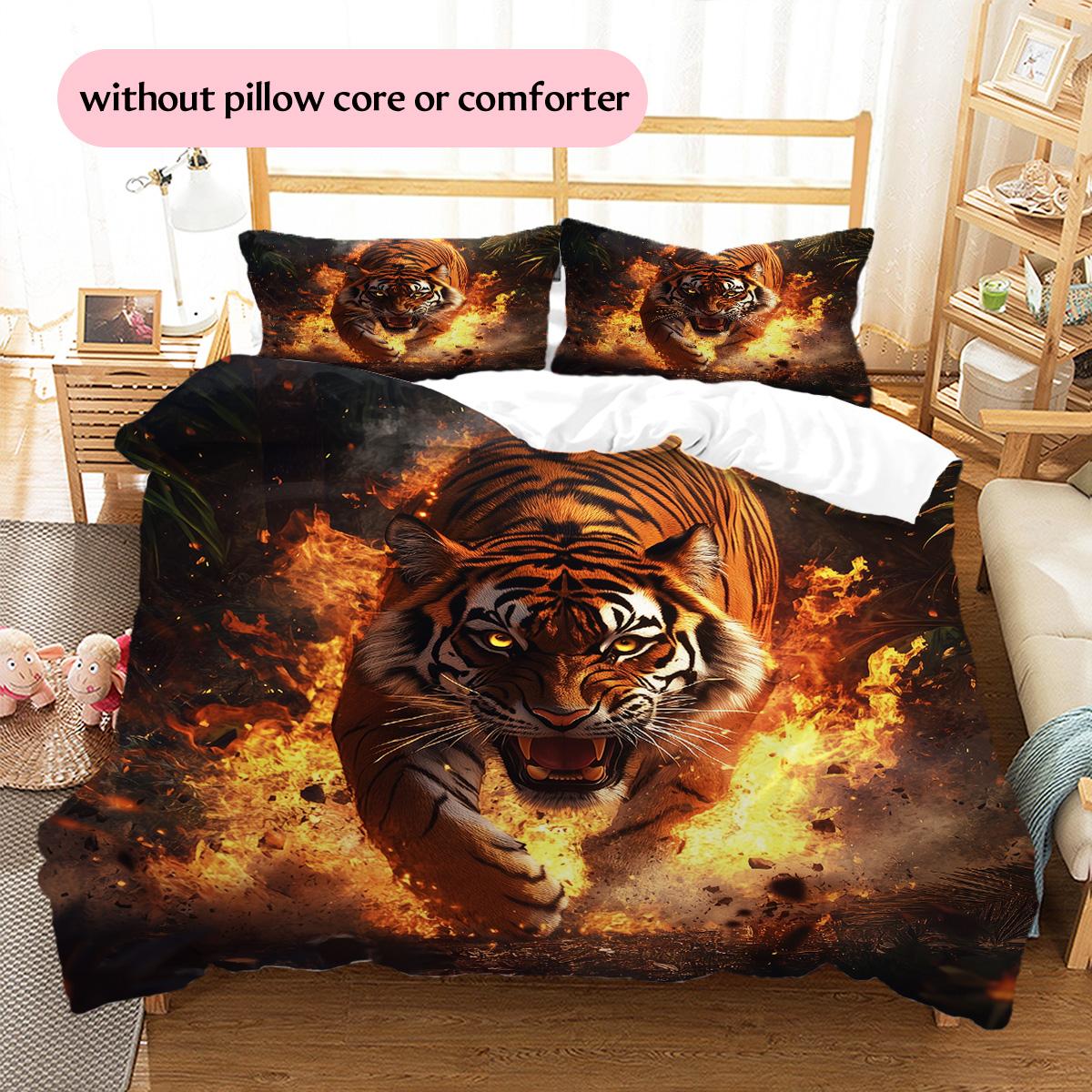 Flame Tiger  Pattern Bedding Quilt Set  Home Decoration  Gift (1 * duvet cover + 2 * pillowcase, without core) 135x200cm