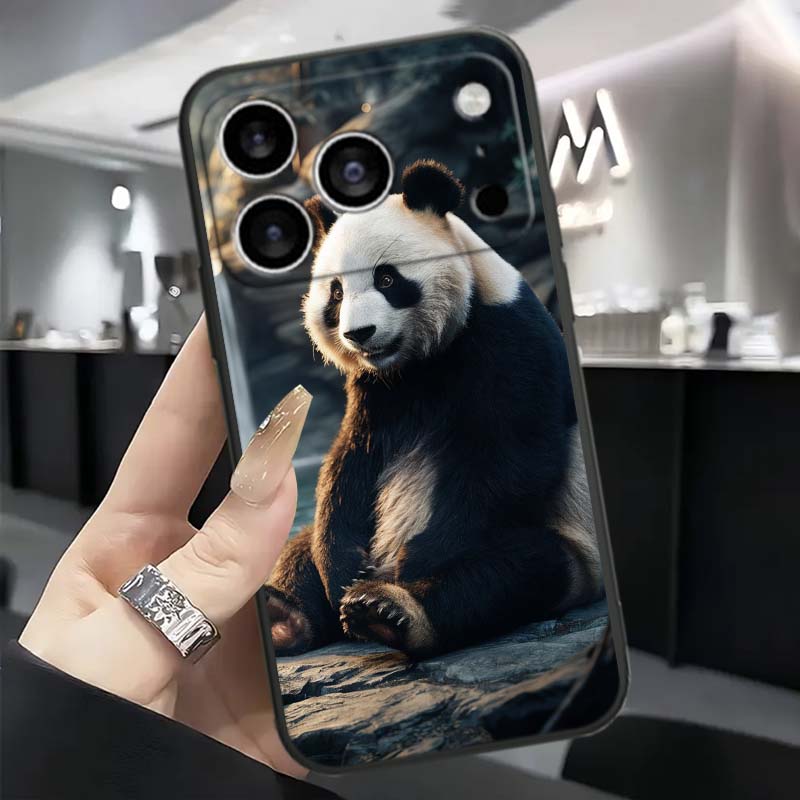 Cartoon Anime Panda Cute For Apple iPhone 17 16 16E 15 14 13 12 11 Pro Max Plus Black Soft Silicone Phone Case