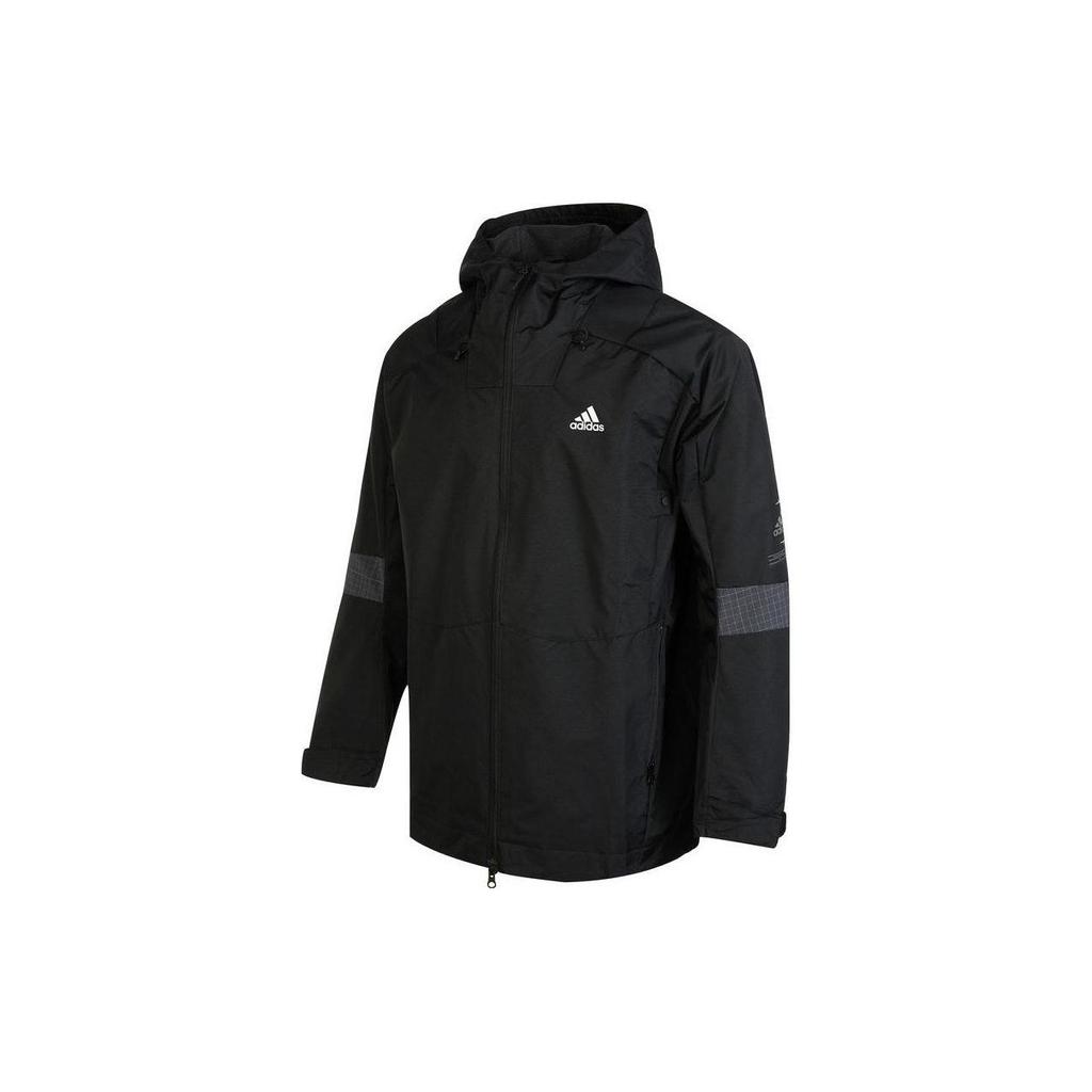 Adidas Contrast Logo Print Solid Hooded Jacket Men Outerwear Black HR4436