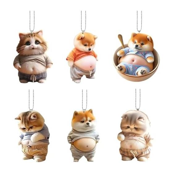 Cute Fat Cat/Dog Keychain, Set of 6, 2D Car Room Mirror Decoration, Belly Mascot, Ball Chain Included, Acrylic Rearview Mirror Suspension Decoration,