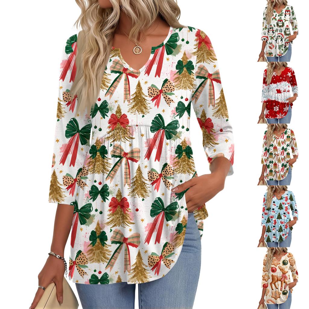 Women's Fashion Casual Christmas Print V-Neck Three-Quarter Sleeve Blouse