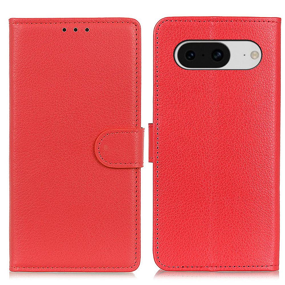 

Mobile Case for Google Pixel 8 Litchi Texture Leather Wallet Flip Stand Drop-proof Phone Cover Red
