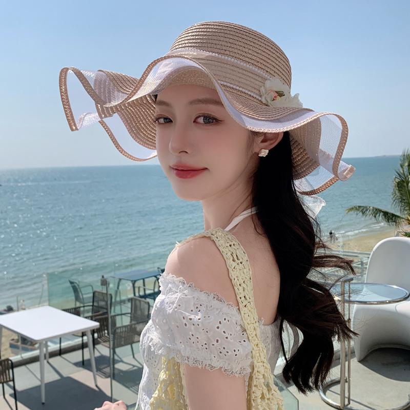 New hat women's summer small fresh straw hat sweet streamer beach hat vacation sunshade sun hat