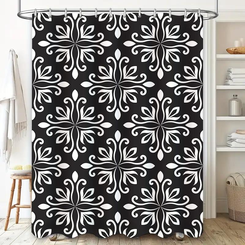 Black White Damask Shower Curtain Decorative Bath Mat Cover For Home Bathroom Modern Floral Printed Fabric Waterproof Bath Sheet