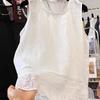 Lace Trim Ramie Cotton Round Neck Sleeveless Cardigan 