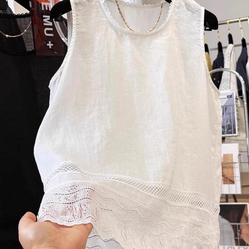 Lace Trim Ramie Cotton Round Neck Sleeveless Cardigan 
