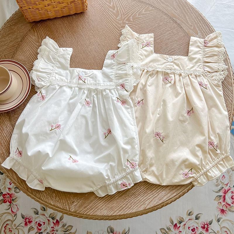 Newborn Baby Girls Jumpsuit Flying Sleeve Cotton Flower Embroidery Toddler Baby Girl Bodysuits Baby Girls Clothes for Summer