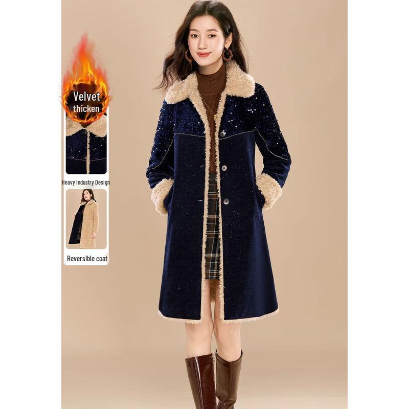 

Kobel Reversible Faux Shearling Color-block Sequin Winter Coat 3XL