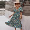 Vår Sommer Dame Blomstertrykk Casual Kjole V-hals Høy Midje S-XL