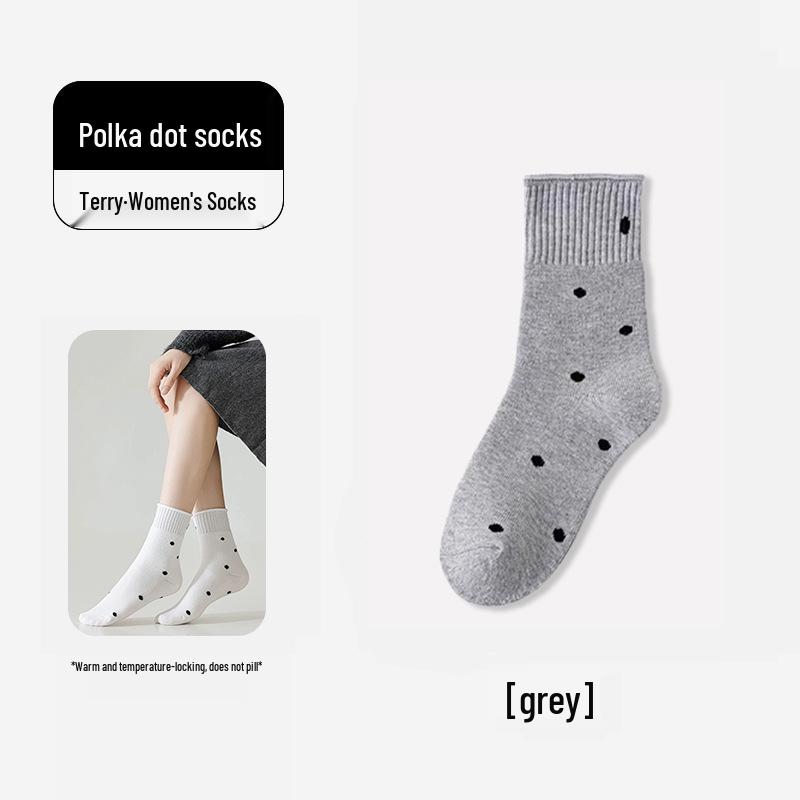 Gray Women's Mid-Calf Socks - Autumn/Winter Pure Cotton with Japanese Ruffle Edge & Polka Dots
