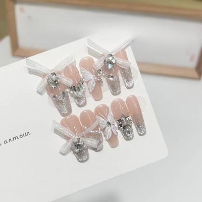 Wearing Armor Handmade High-end Nude Color Butterfly Nail Glitter Powder French Flash Diamond Fake Nail Patch Nail Art