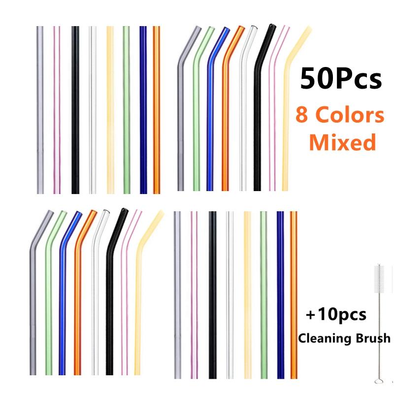 50Pcs/lot Colorful Glass Straw Reusable Drinking Straws Set with Cleaning Brush Wine Cocktail Glass for Party Favors Bar Drinks