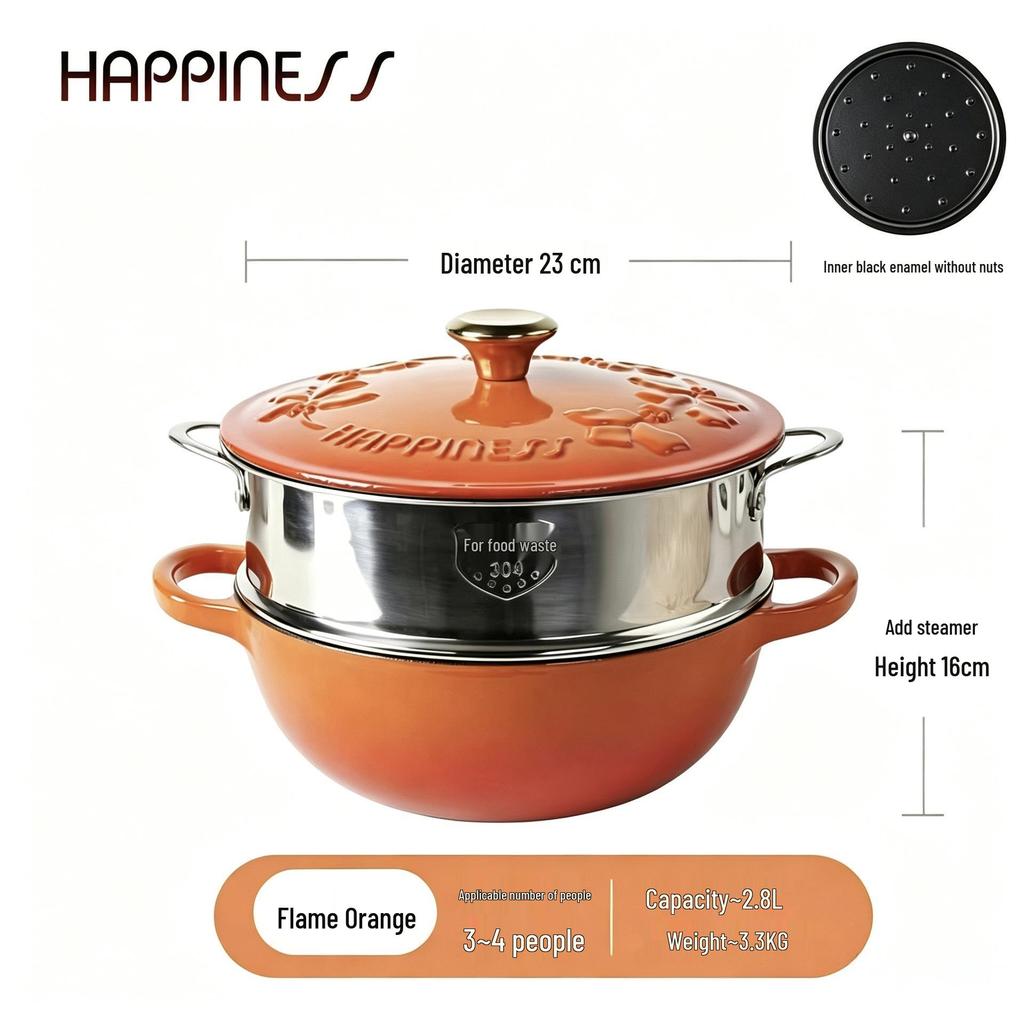 Little Happiness 23cm Non-stick Enamel Embossed Soup & Stew Pot, Induction Compatible