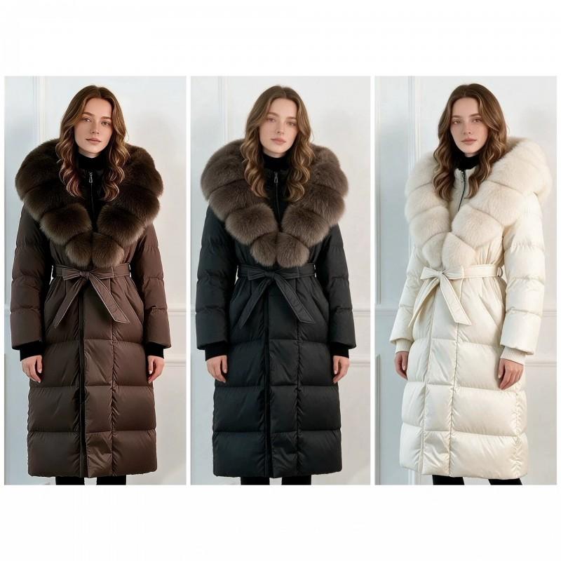 Womens Long Puffer Coat With Detachable Faux Fur Collar Slim Fit Knee-Length Warm Winter Outerwear
