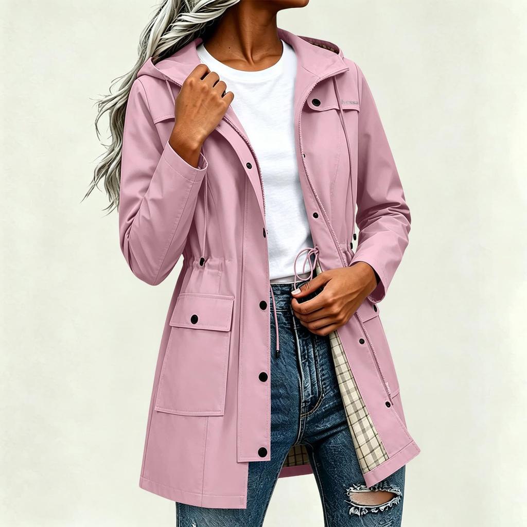 Women's Hooded Rain Jacket - Lightweight Outdoor Windbreaker with Adjustable Waist - Raincoat for Hiking, Travel, Daily Wear