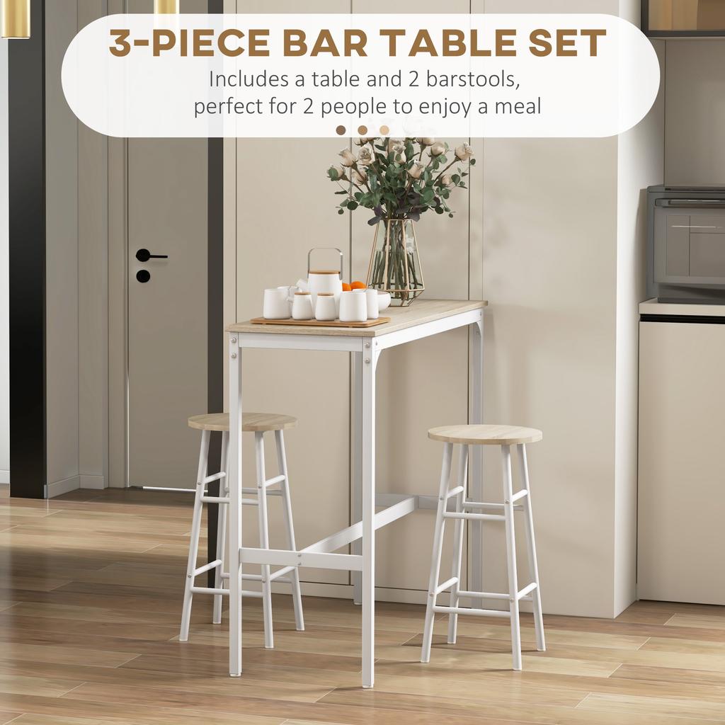 Juego de Mesa de Barra de 3 Piezas con 2 Taburetes, Mesa y Taburete de Barra Industriales, Mesa y Sillas de Comedor, Roble