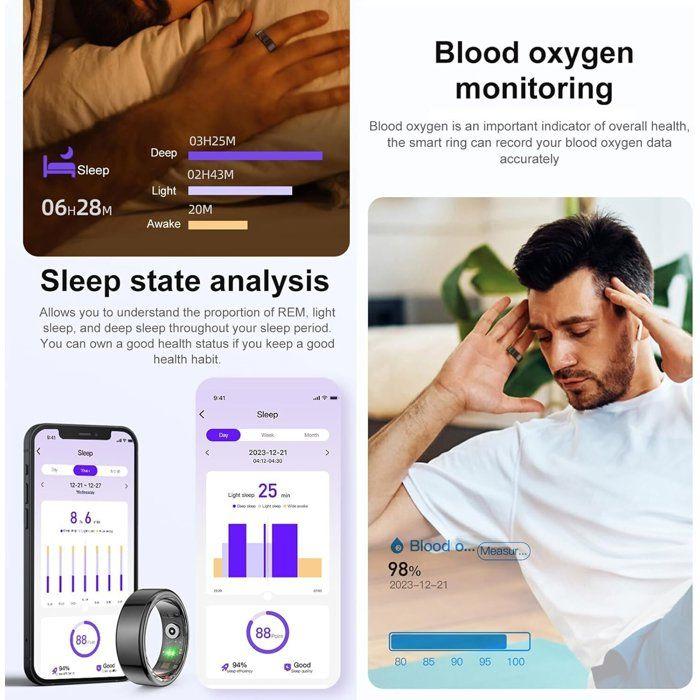 Bague Connectée Homme Femme, Smart Ring Intelligente Bluetooth Sommeil/Fréquence Cardiaque/SpO2 Étanche Android iOS, Taille 8, Noir