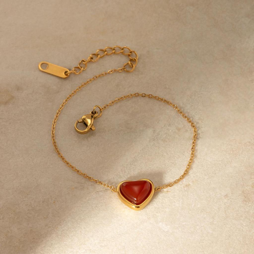 18K Gold Plated Red Agate Heart Bracelet - Trendy European & American Fashion Jewelry
