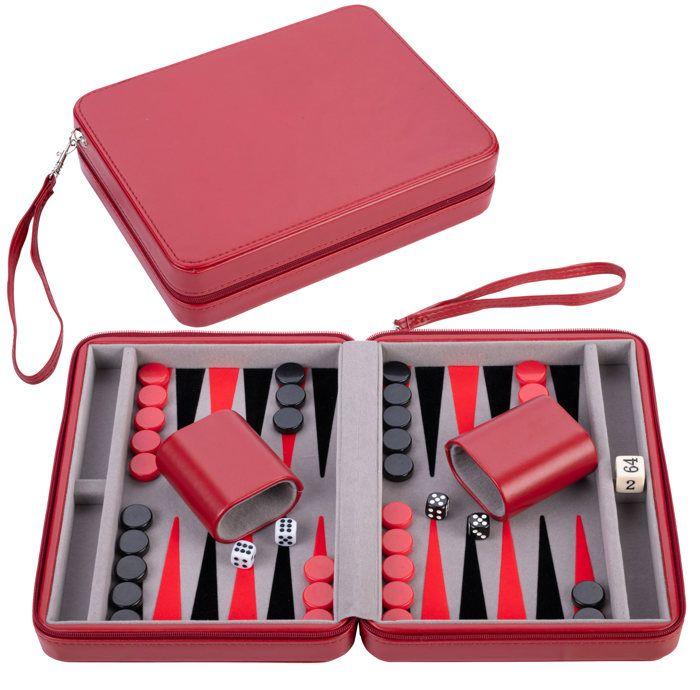 Backgammon-Spiel - ENGELHART - 9-Zoll-Modell - Rotes Kunstleder - Faltbar - Zubehör inklusive rot