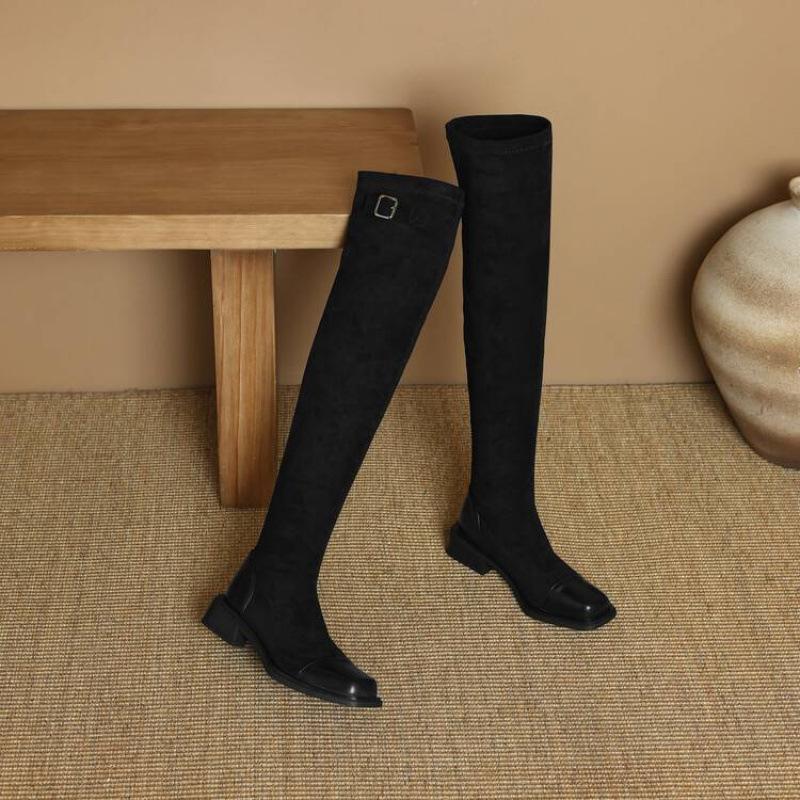 

Осенне-зимние замшевые ботфорты на среднем каблуке с квадратным носком, удобные эластичные женские сапоги-чулки, корейская версия, резиновая подошва, однотонные, кожа 39