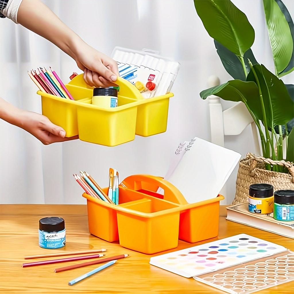 1/4pcs Stackable Thick Plastic Storage Boxes with Handles, 3 Compartments - Multi-Purpose Organizer for Classroom Supplies