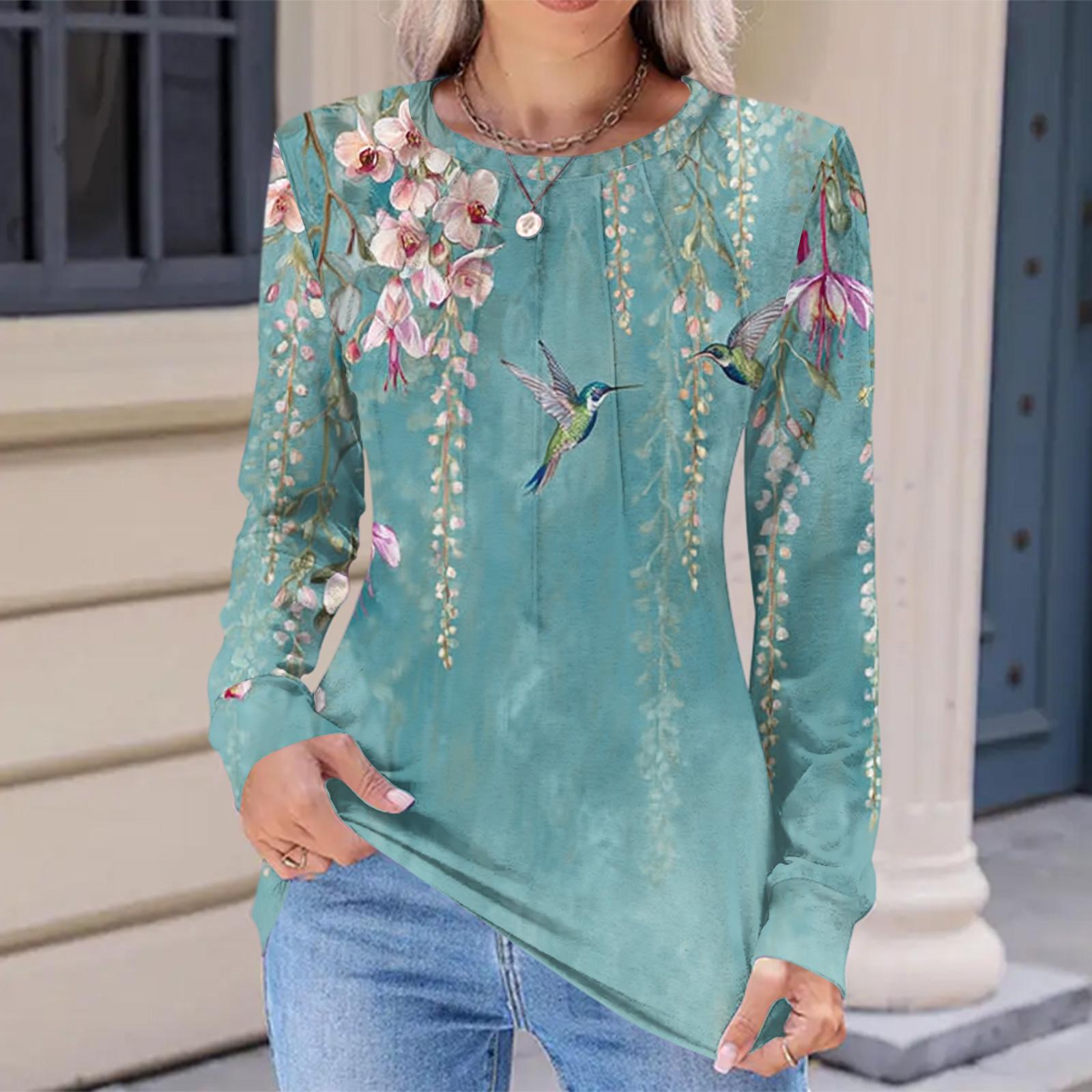 

Женская модная повседневная футболка с цветочным ретро-принтом, плиссированная, удобная, с круглым вырезом, свободная, с длинным рукавом S