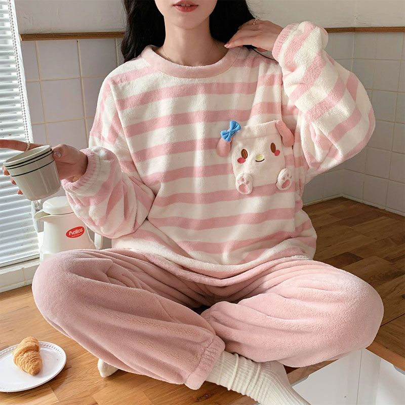 

Женская зимняя фланелевая пижама, женская утепленная пижама с круглым вырезом и длинными рукавами, женская домашняя одежда с рисунком в полоску XXL