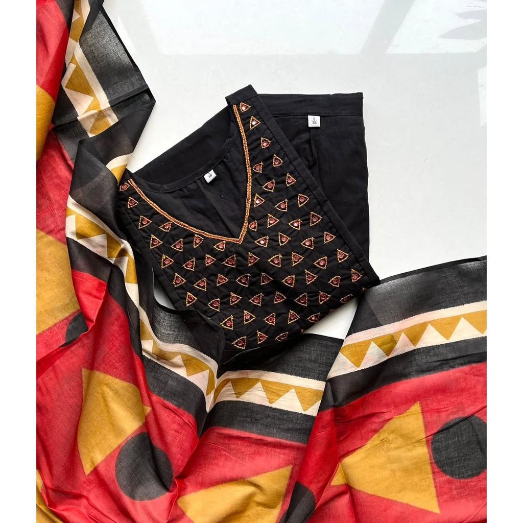 Black Heavy Cotton Ethnic Salwar Kameez Women Designer Kurta Pant Dupatta Set