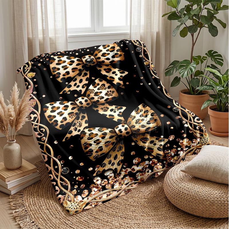 Leopard Print Bow Decor 1 Theme Blanket Lightweight Warm Flannel Blanket Decorative Throw Blanket for Home Decoration