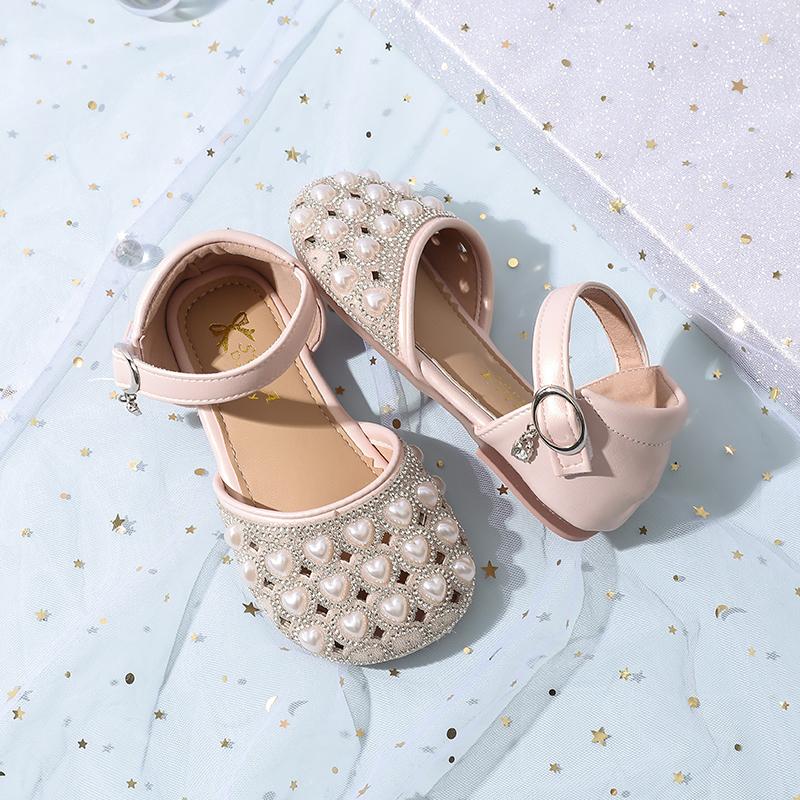 Girls Toes Capped Sandals Little Kids Pearls Princess Shoes Soft Sole Summer Fashion Children Rhinestone Half Sandals Flats