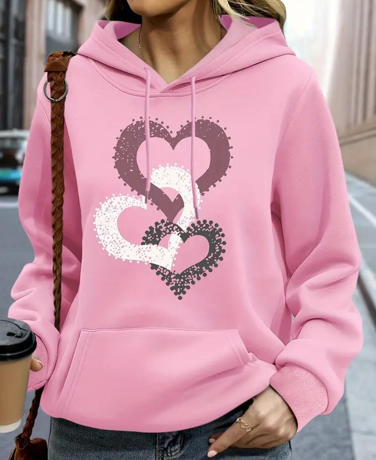 Women's Heart Print Hooded Sweatshirt with Pockets - Comfortable Long Sleeve Casual Wear