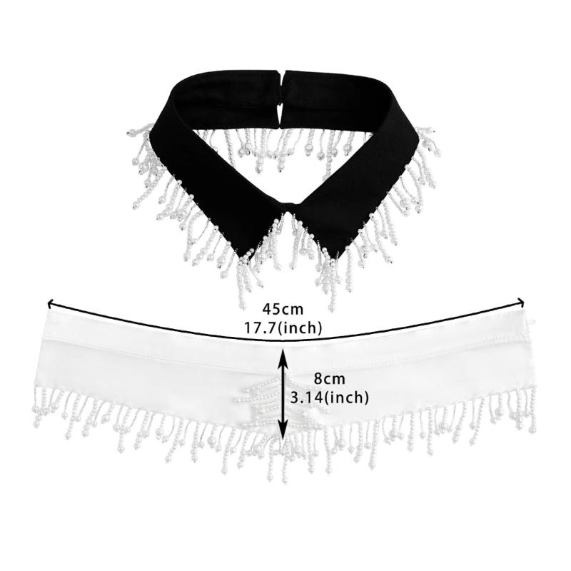 Elegant Pearls Beaded Tassels Trim Detachable Faux Collar for Women Fashionable Bib Choker Necklace Clothing Accessory
