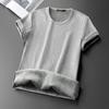 Yousheng Men Summer Top Plush-lined Short Sleeves Round Neck Solid Color Pullover Basic Top Elastic Bottoming Clothes