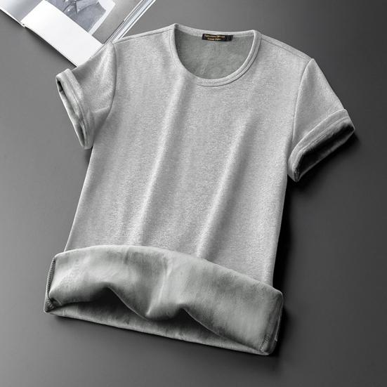 Yousheng Men Summer Top Plush-lined Short Sleeves Round Neck Solid Color Pullover Basic Top Elastic Bottoming Clothes