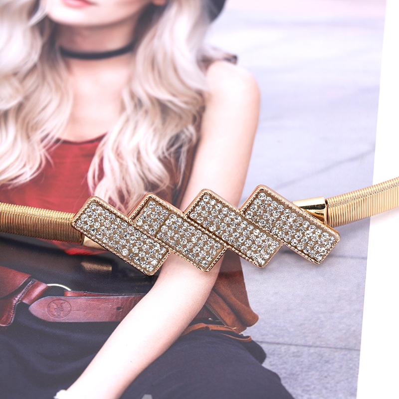 Luksus Imiter Rhinestone kjede Wasit Belte for Kjole Stretch Skinny Metall Sølv Gull Dame Belte Elastisk Tynt Dame Belte