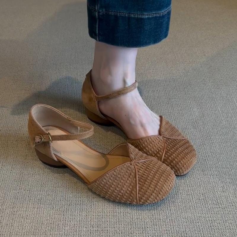 

Версия из овчины~ ретро милая сумка голова обувь женская летняя низкий каблук кожаная круглая голова с сандалиями 40