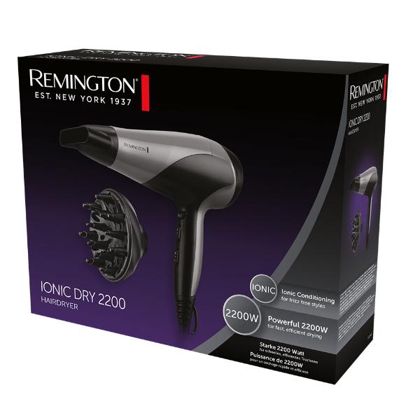 Remington Hair Dryer | D3190S | 2200W | 3 Temperature Settings | Ionizer | Diffuser Nozzle | Gray/Black