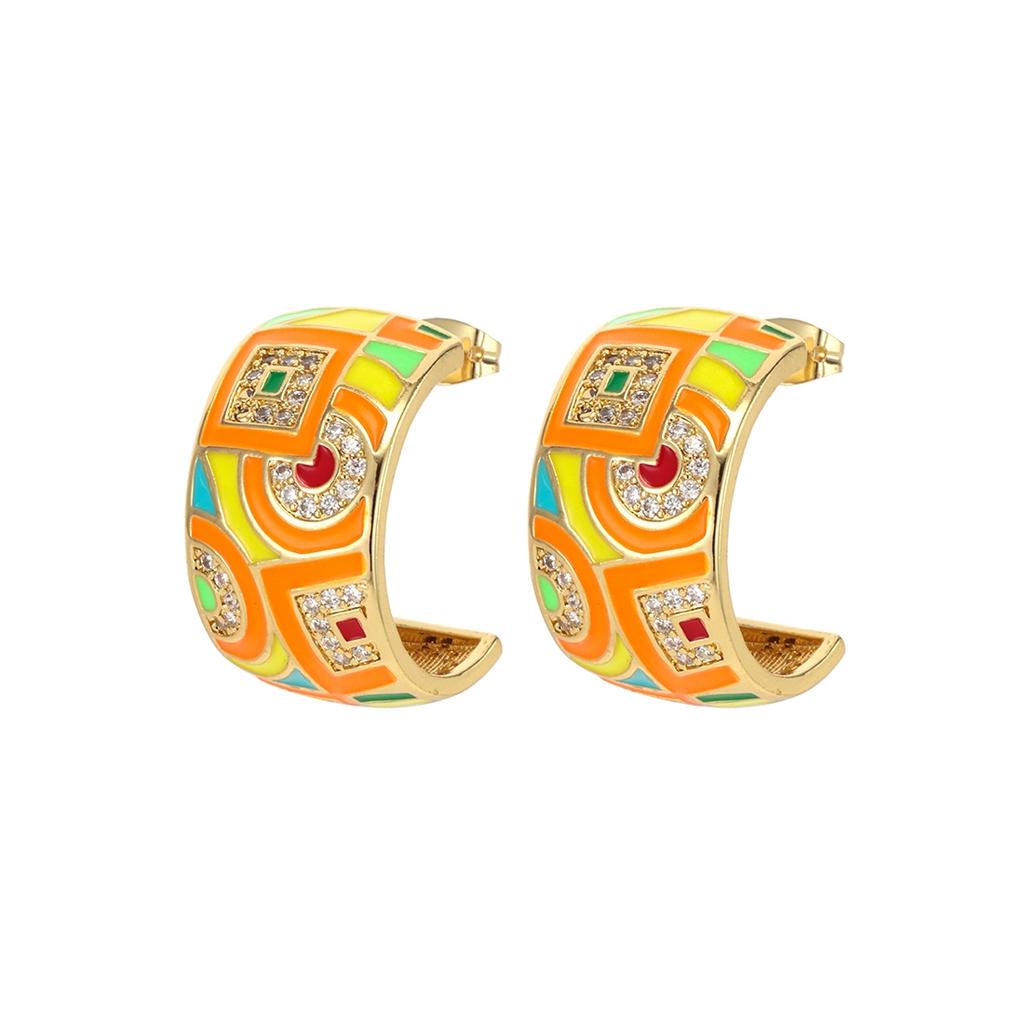 Nidin Vintage Colorful Enamel Geometric C Shape Stud Earrings For Women Inlaid Zircon Bohemian Ethnic Style Ear Jewelry Gifts