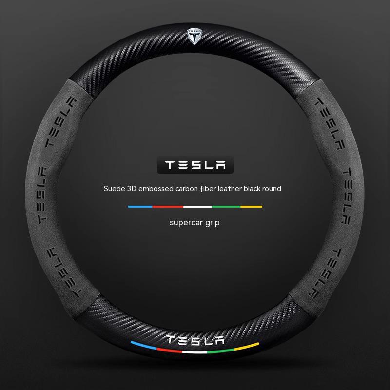 ALA1 Tesla Model 3 Model Y Model S Model X Roadster Suede Carbon Fiber Anti-slip Breathable Car Steering Wheel Cover Auto Accessories