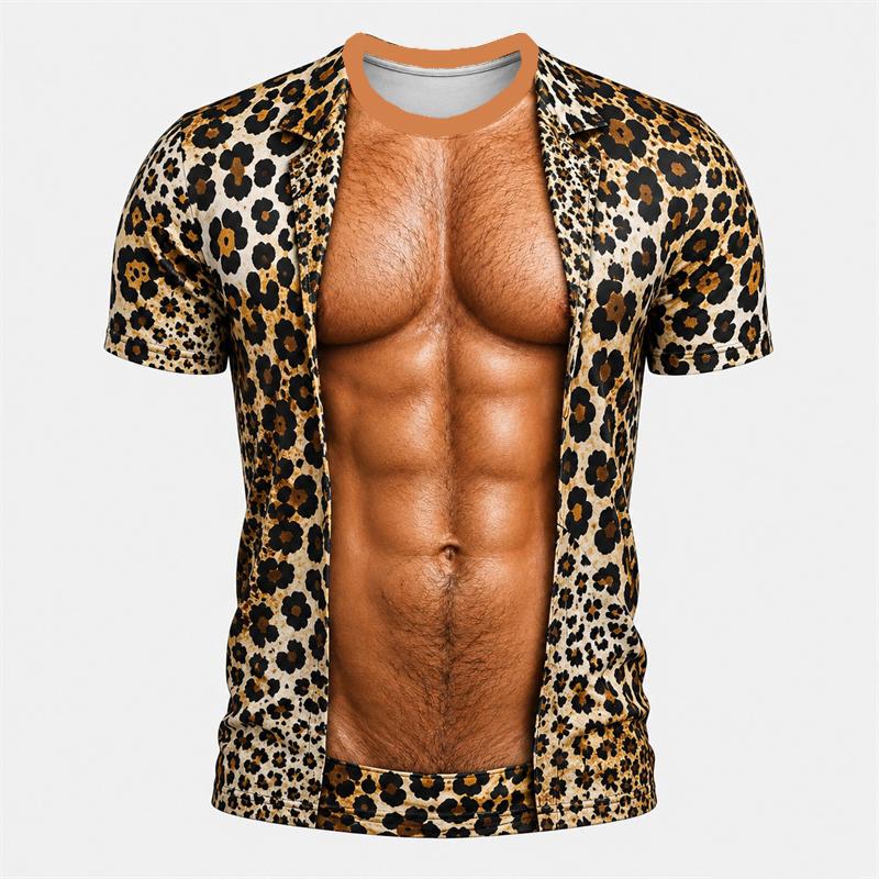 Divertente T-shirt 3D a Maniche Corte con Addominali e Peli sul Petto, Estate Spiaggia Vacanza Novità Festa Famiglia Outfit Genitore-Figlio