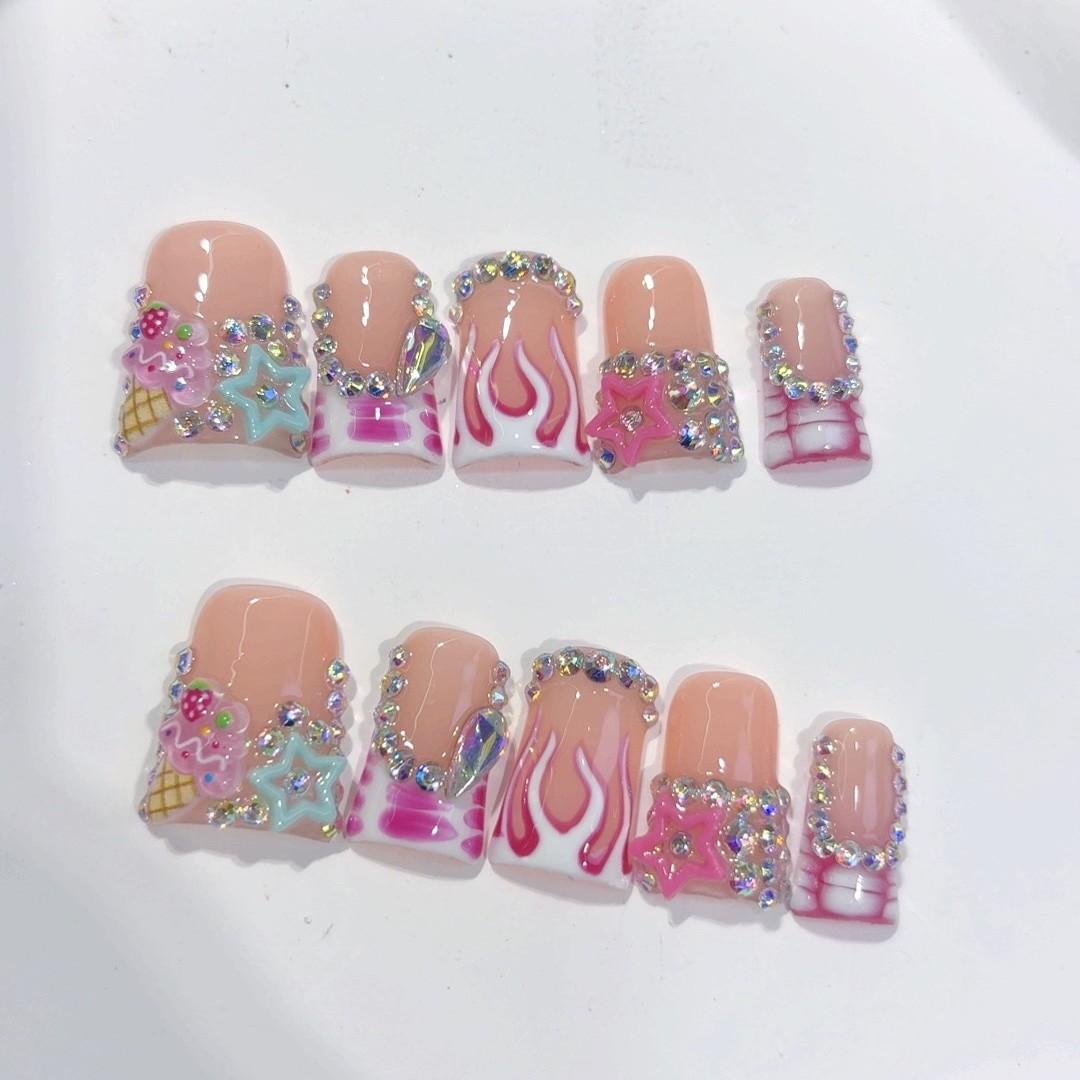 

Duck Beak Fake Nail Flame French Flash Ice Cream Flash Diamond Hand-worn Nail Finished Product XS
