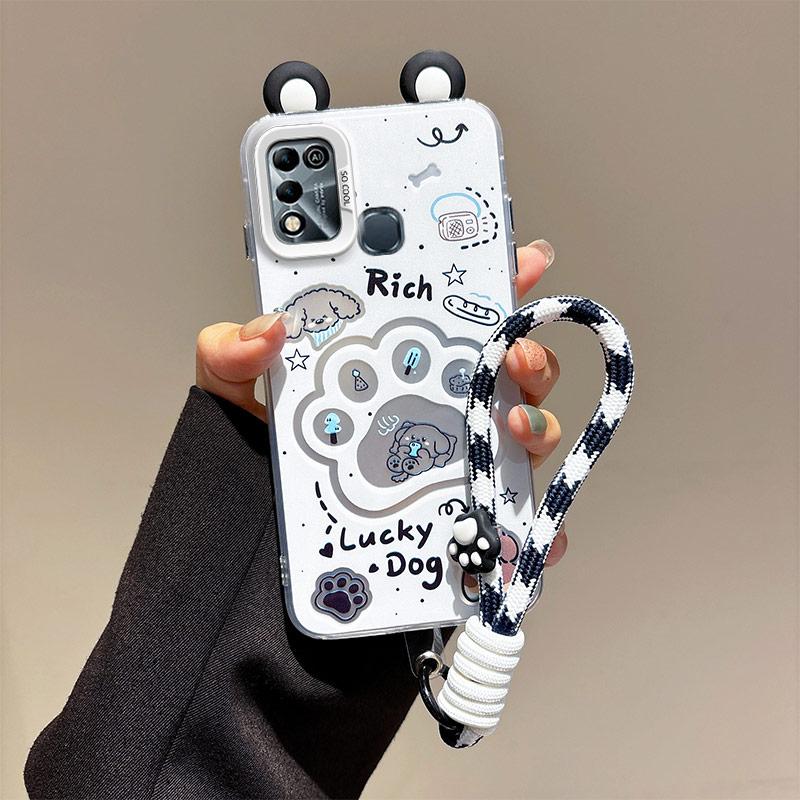 KEYSION Cute Ear Cartoon Case for Infinix Hot 11 Play with Lanyard Soft Silicone+PC Shockproof Phone Back Cover for Infinix Hot 10 9 Play