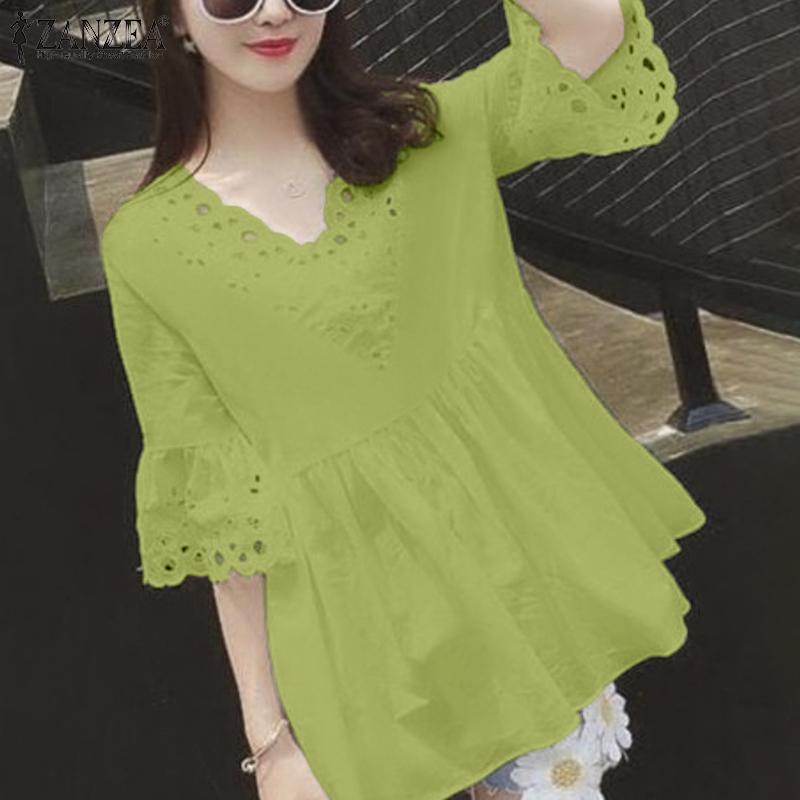 ZANZEA Women Lace Crochet V-Neck Loose Casual 3/4 Sleeve Blouse