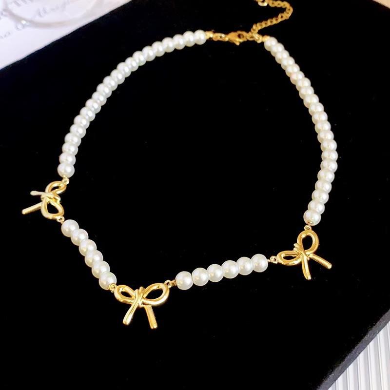 Premium bow pearl necklace summer new light luxury niche collarbone chain summer explosion neck chain accessories women