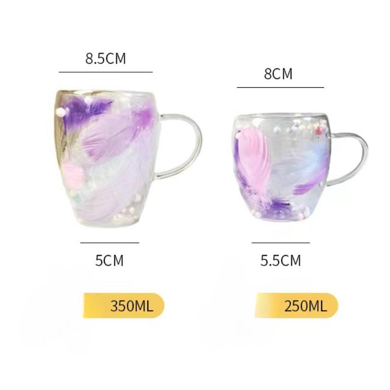 350ml Creative Double Walled Glass Coffee Mug with Feather Design Decorative Cup Heat-resistant Household Exquisite Gift Tea Cup